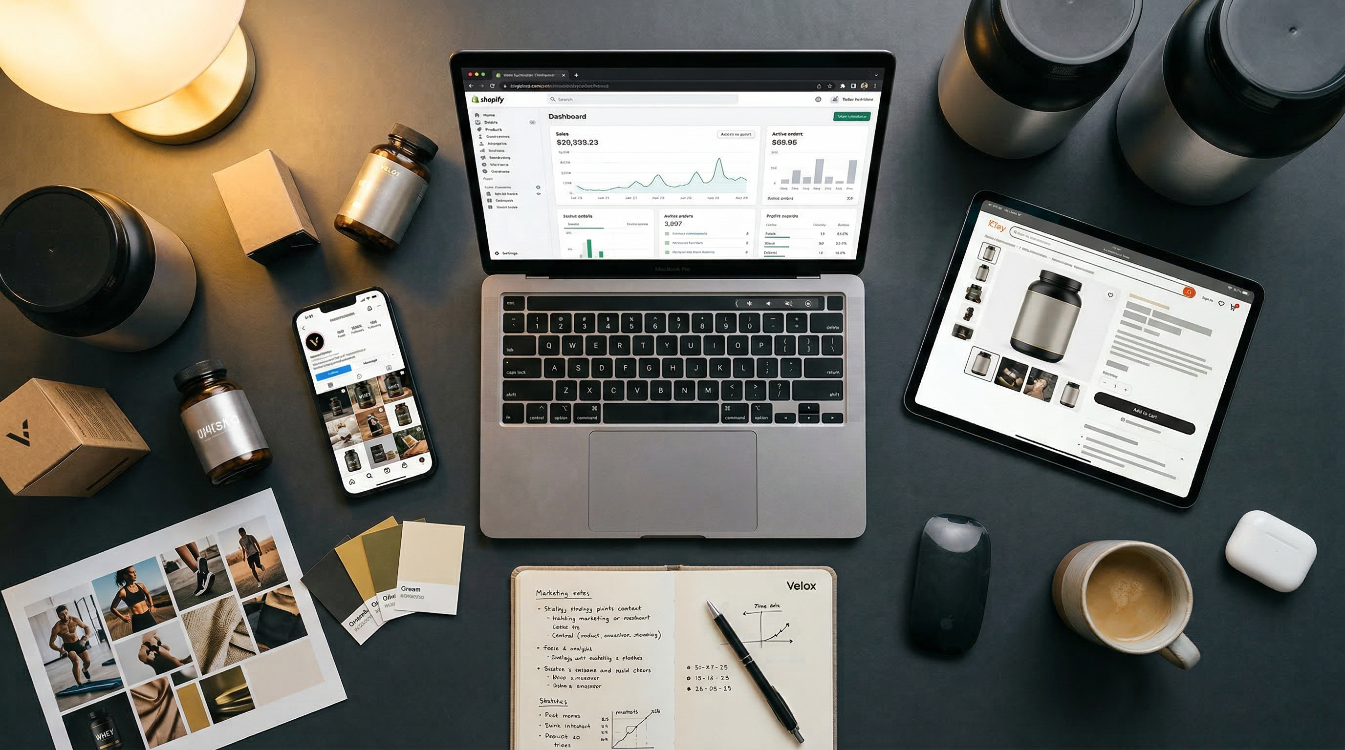 Digital commerce workspace with Shopify dashboard, marketplace listings, social media, and supplement products