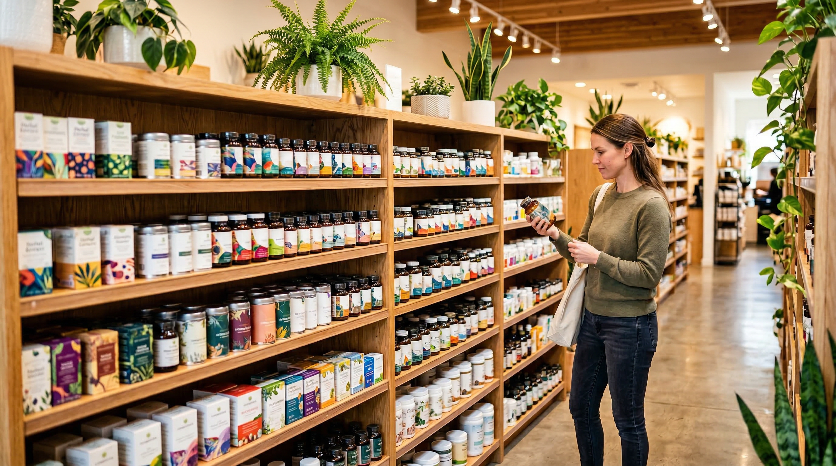 Health food store supplement aisle with premium products